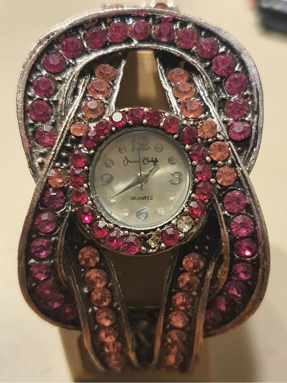 10/$20 Jessica Carlyle Silver/Red Rhinestone Stainless Steel Women's Cuff watch